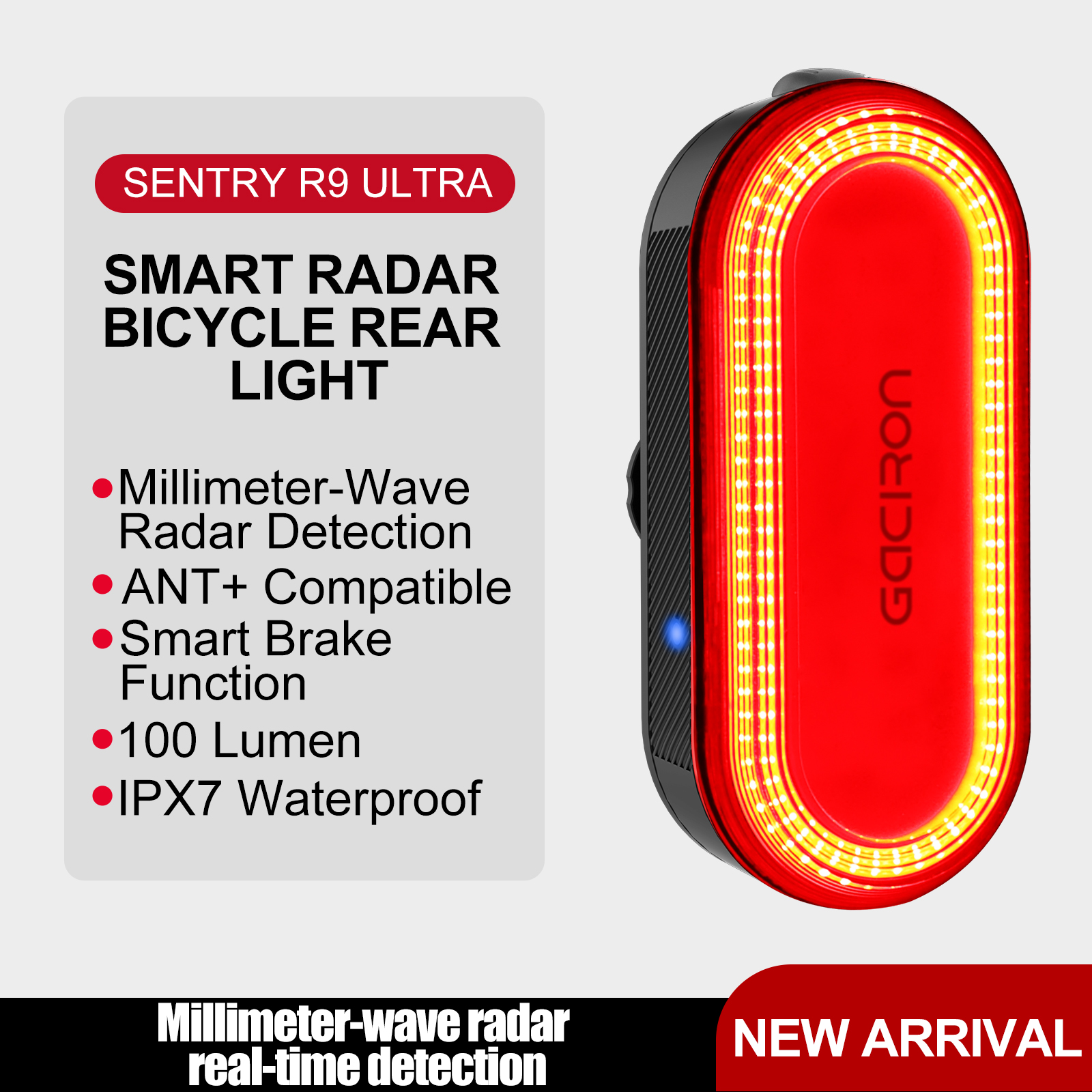 Gaciron SENTRY R9 ULTRA Smart Radar Bicycle Rear Light ANT+ Compatible 100 Lumen LED Brake Tail Lamp IPX7 Waterproof Cycling