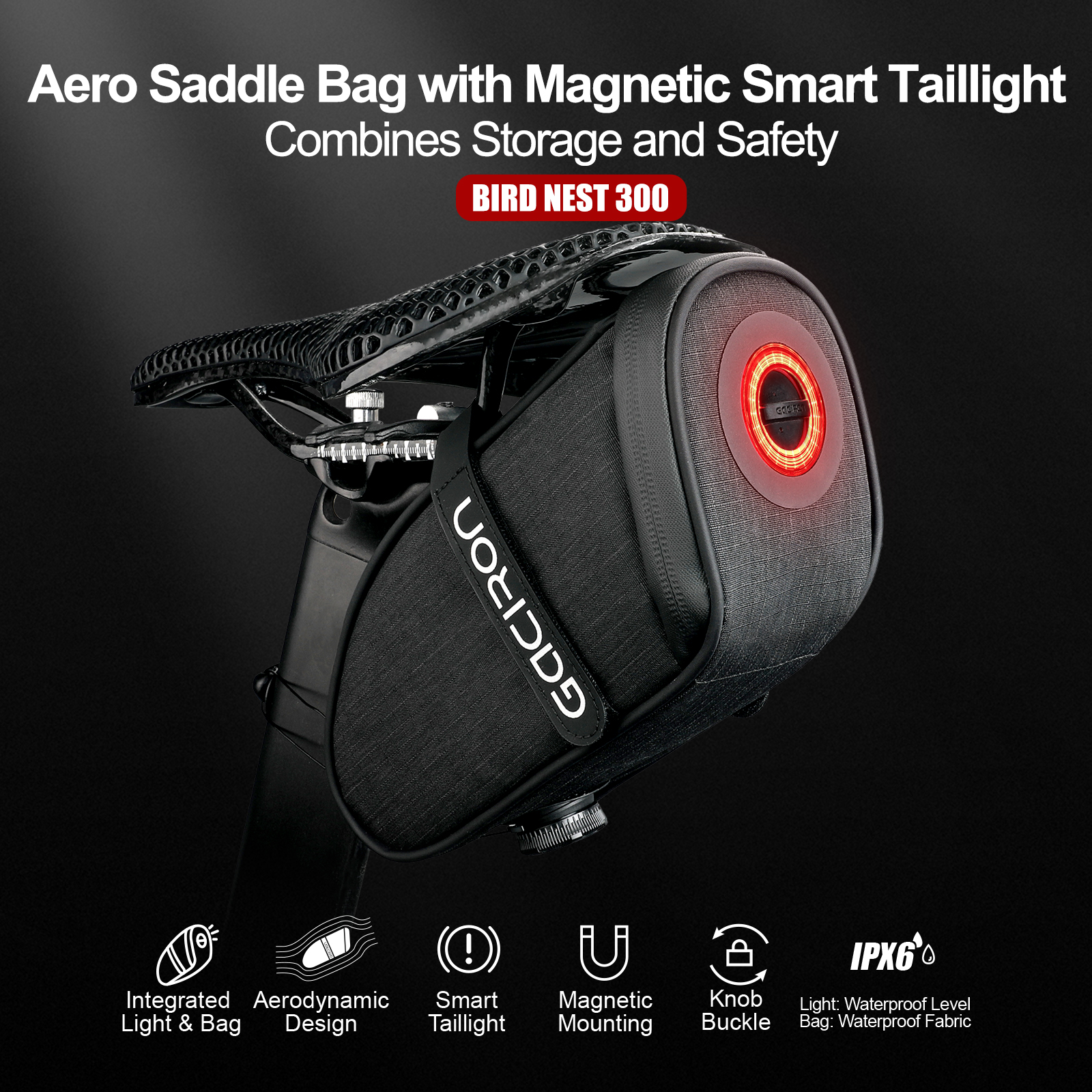 Gaciron BIRD NEST-300 Road Bike Smart Taillight Magnetic Mount Battery Aero Saddle Bag