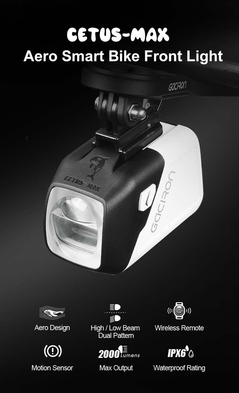 Gaciron Cetus-Max 2000 Lumen Smart LED Bike Front Light IPX6 Rechargeable Aluminum Alloy Wireless Remote 7 Modes Night Cycling