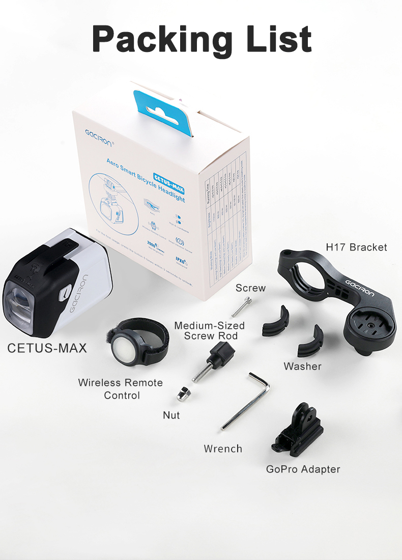 Gaciron Cetus-Max 2000 Lumen Smart LED Bike Front Light IPX6 Rechargeable Aluminum Alloy Wireless Remote 7 Modes Night Cycling