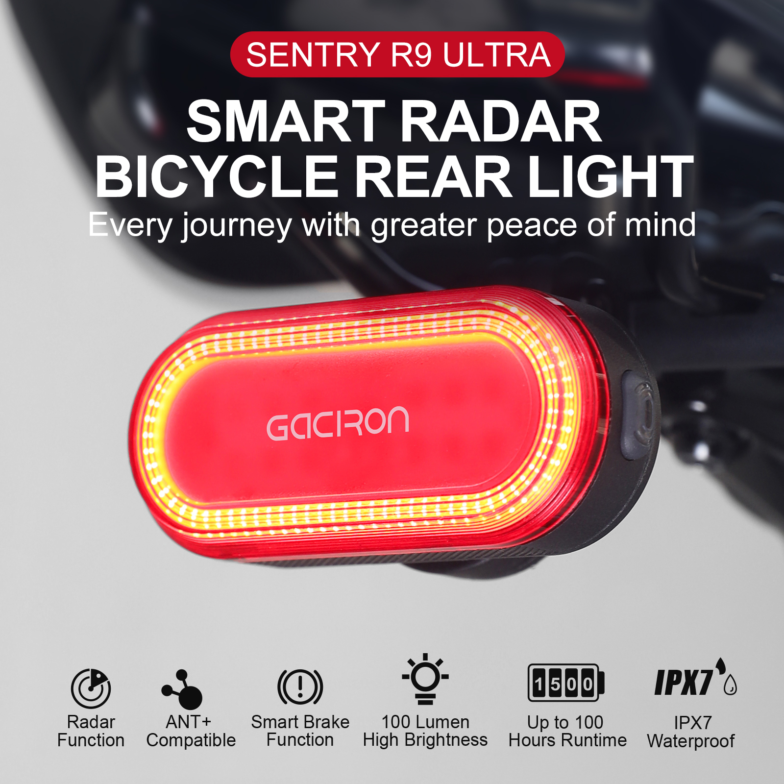 Gaciron SENTRY R9 ULTRA Smart Radar Bicycle Rear Light ANT+ Compatible 100 Lumen LED Brake Tail Lamp IPX7 Waterproof Cycling