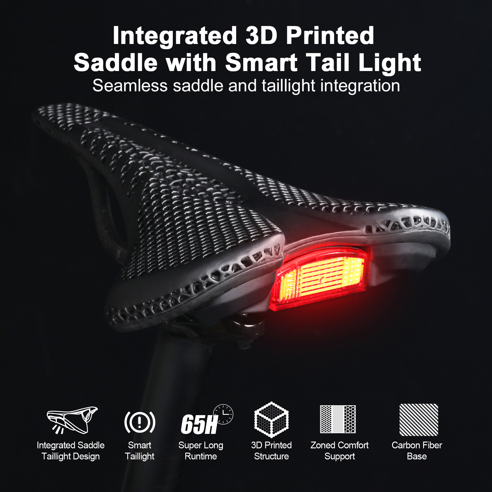 Gaciron EP-143 Narrow 3D Printed Bicycle Saddle T700 Carbon Fiber Rails Water Resistant Integrated Rear Light for Road MTB