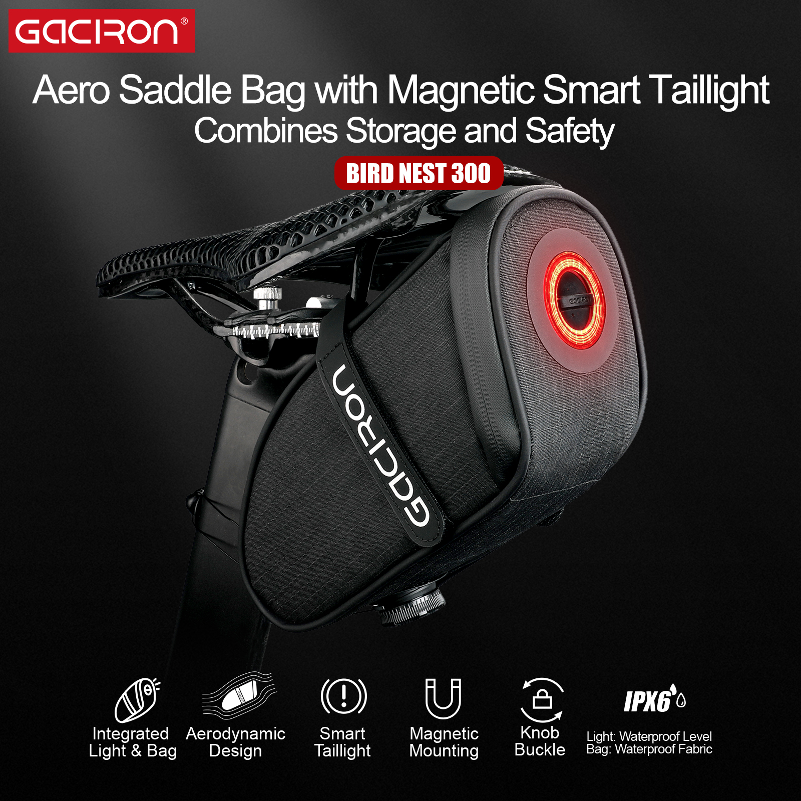 Gaciron BIRD NEST-300 Bicycle Bag Rear Light Smart Taillight Quick Release Vibration Light Sensors Bike Accessories MTB Battery