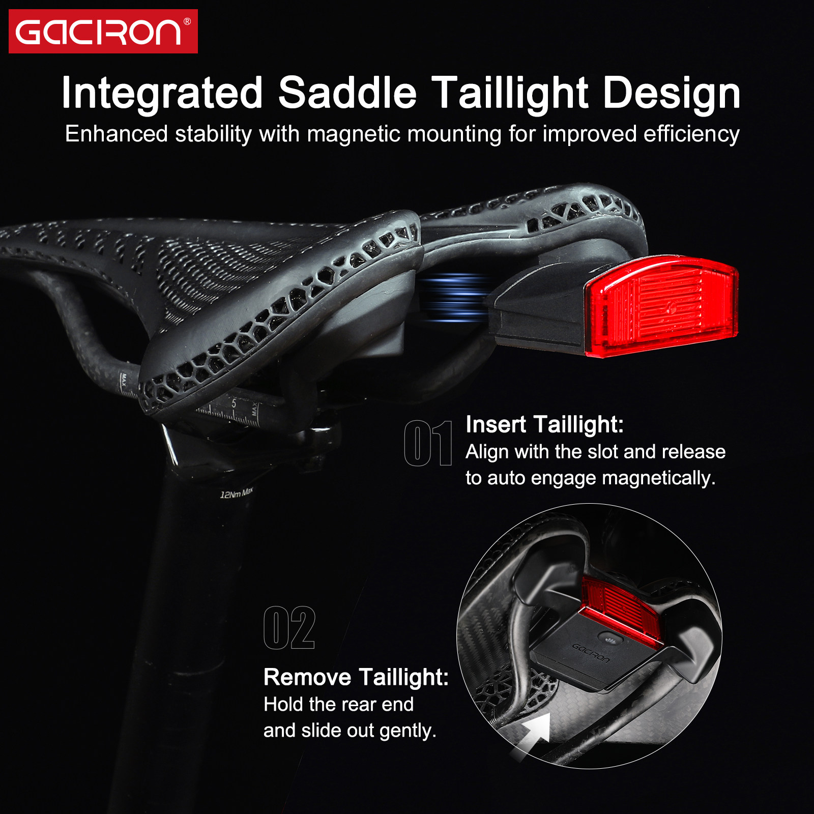 Gaciron EP-143 Bicycle Parts Integrated Smart Taillight Zoned Comfort Support 65h Super Long Runtime IPX6 Carbon Shell