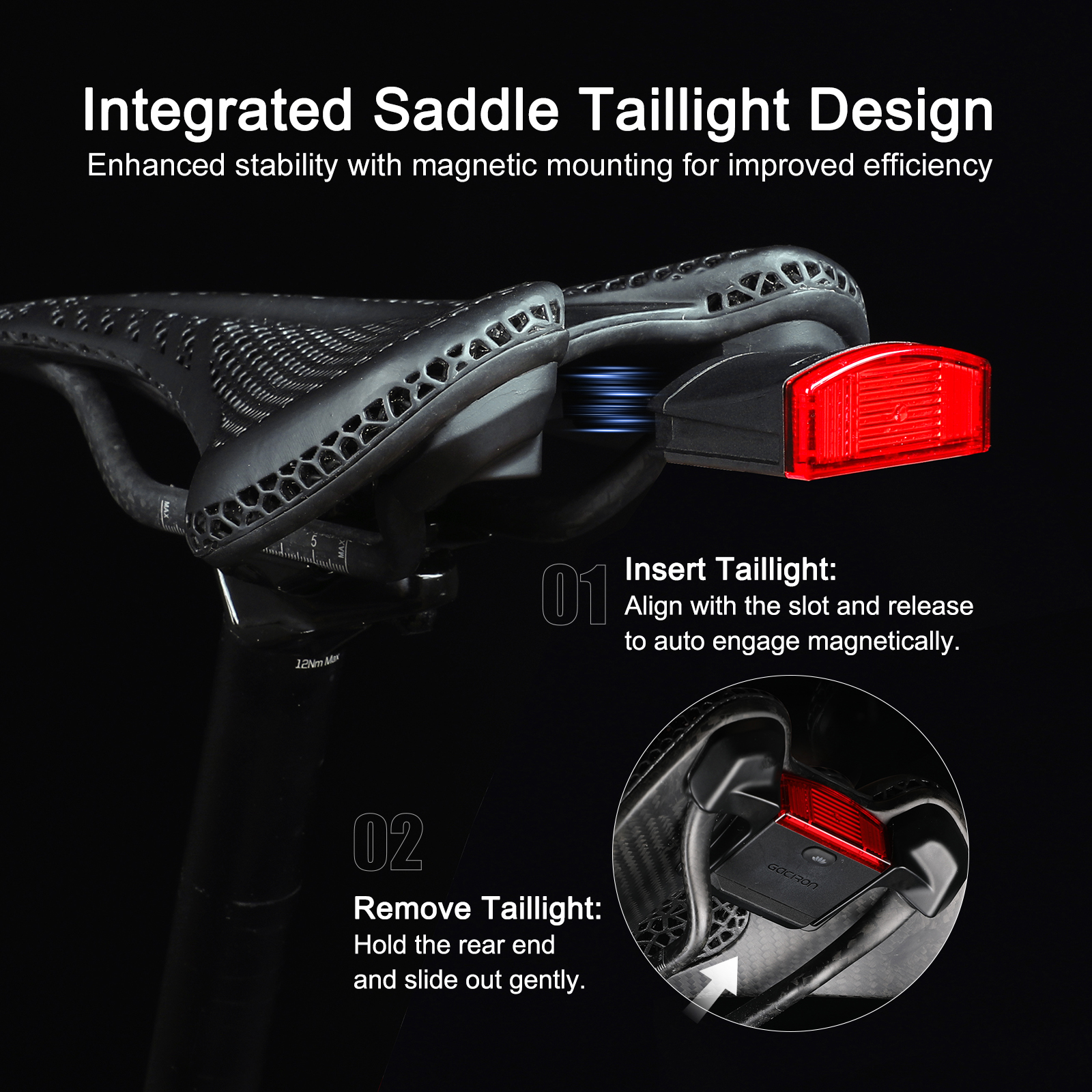 Gaciron EP-143 Narrow 3D Printed Bicycle Saddle T700 Carbon Fiber Rails Water Resistant Integrated Rear Light for Road MTB