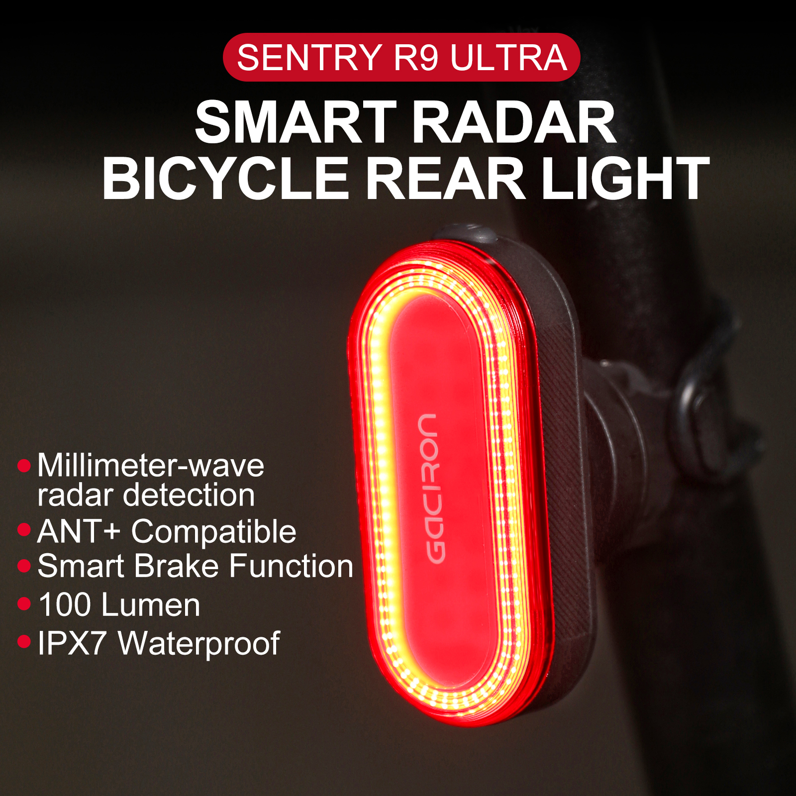 Gaciron SENTRY R9 ULTRA Smart Radar Bicycle Rear Light ANT+ Compatible 100 Lumen LED Brake Tail Lamp IPX7 Waterproof Cycling