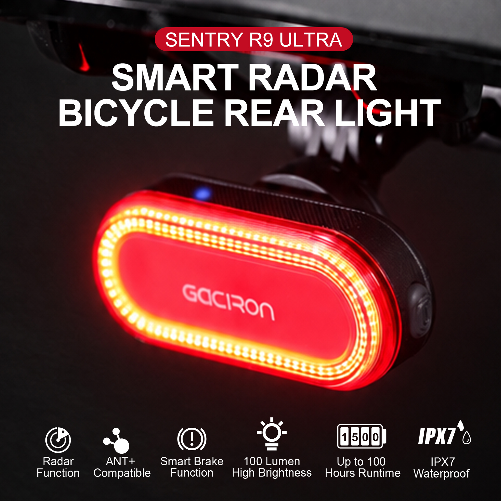 Gaciron SENTRY R9 ULTRA Smart Radar Bicycle Rear Light ANT+ Compatible 100 Lumen LED Brake Tail Lamp IPX7 Waterproof Cycling